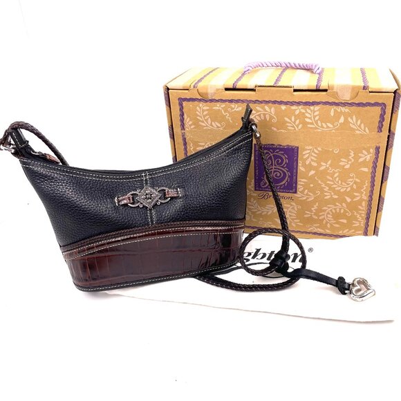 Brighton Leane Black Pebbled & Burgundy Croc Leather Bag H90589 w/ Dust Bag &Box - Picture 1 of 12